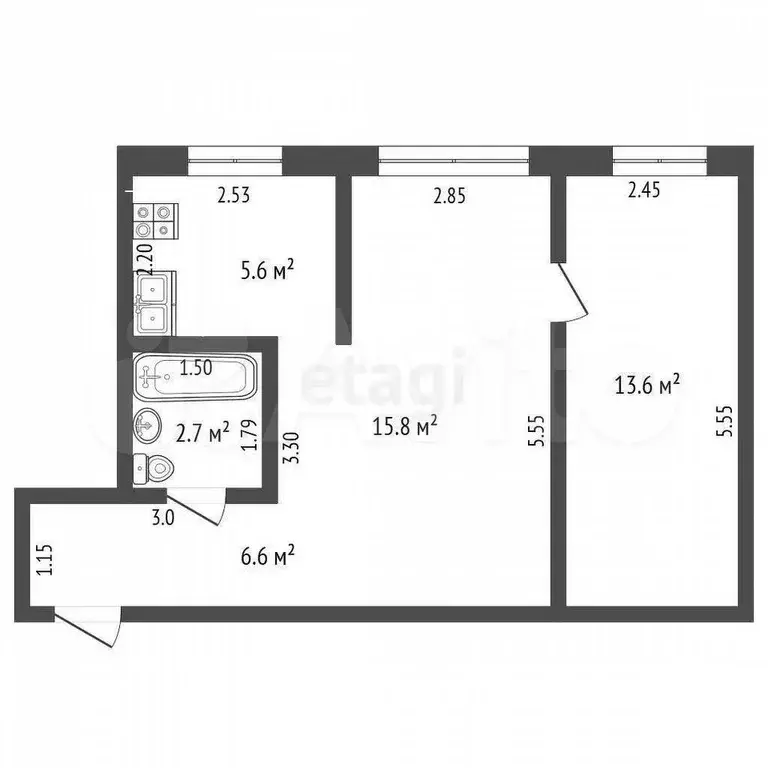 2-к. квартира, 44,3 м, 1/4 эт. - Фото 0
