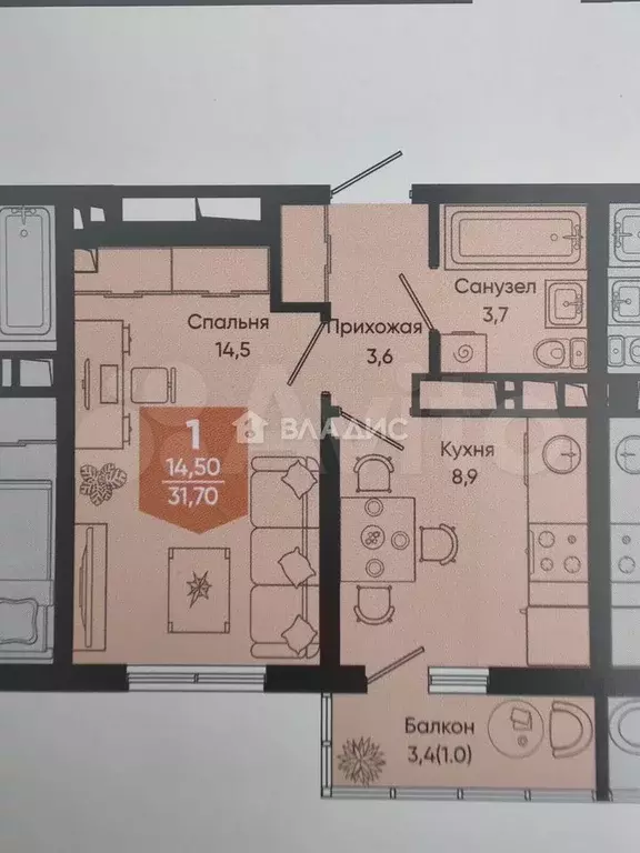 1-к. квартира, 30,7 м, 9/25 эт. - Фото 0