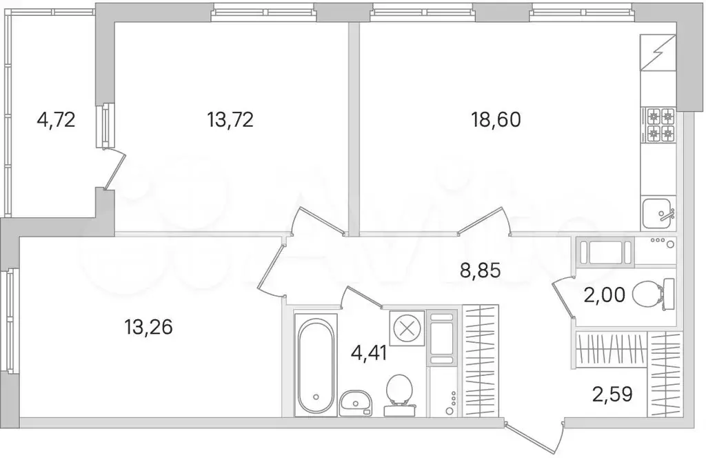 2-к. квартира, 65,8 м, 5/8 эт. - Фото 0