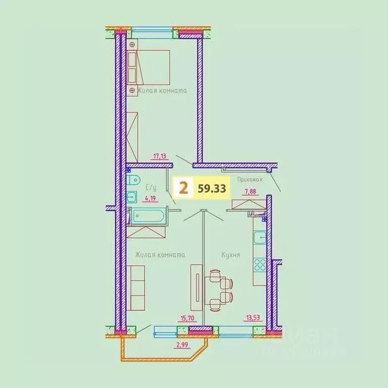 2-к кв. Архангельская область, Архангельск ул. Гайдара, 57к2 (59.33 м) - Фото 0