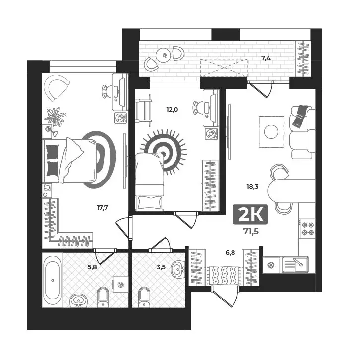 2-комнатная квартира: Тюмень, улица Братьев Бондаревых, 5 (71.2 м) - Фото 1