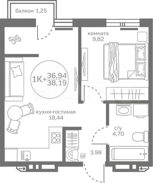 1-к. квартира, 36,9 м, 6/17 эт. - Фото 0