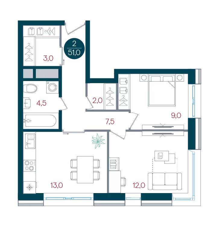 2-к квартира, 51 м - Фото 0