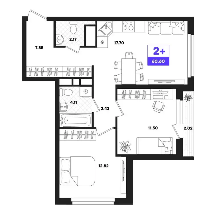 2-комнатная квартира: Тюмень, жилой комплекс Отличие (60.6 м) - Фото 0