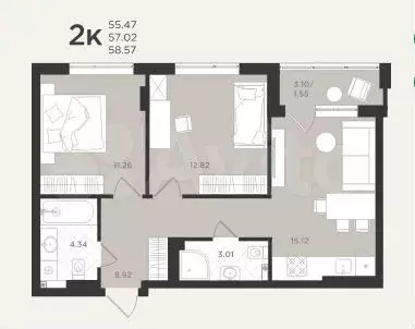 2-к. квартира, 58,6 м, 2/4 эт. - Фото 1