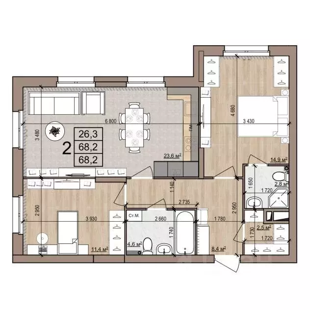 2-к кв. Рязанская область, Рязань ул. Новоселов, 33Б (68.2 м) - Фото 1