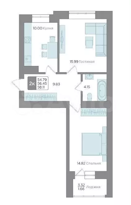 2-к. квартира, 58,1 м, 1/9 эт. - Фото 1