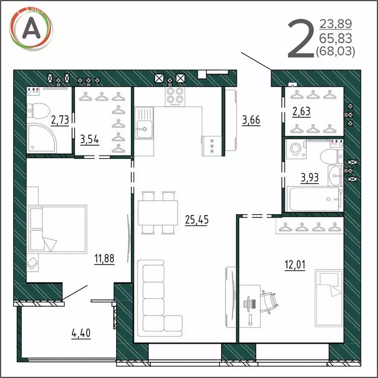 2-комнатная квартира: Брянск, улица Ульянова, 24 (68.03 м) - Фото 0