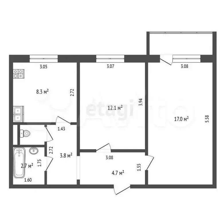 2-к. квартира, 49,8 м, 5/10 эт. - Фото 0