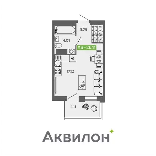 Квартира-студия: Северодвинск, проспект Труда, 74к2 (26.11 м) - Фото 0