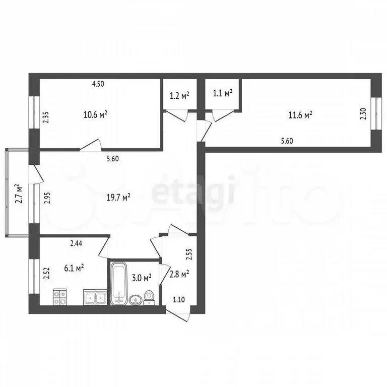 3-к. квартира, 58,8 м, 3/4 эт. - Фото 0