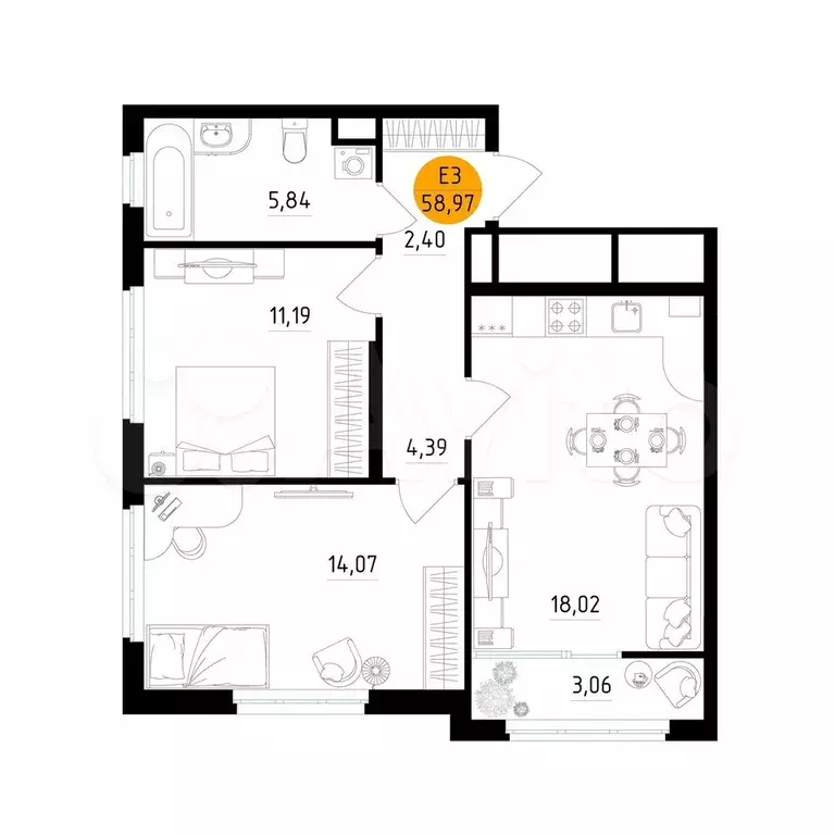 2-к. квартира, 59 м, 3/25 эт. - Фото 1