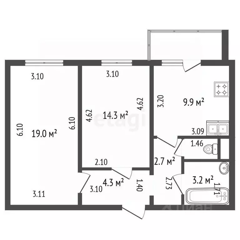 2-к кв. Санкт-Петербург ул. Чарушинская, 10 (57.0 м) - Фото 2