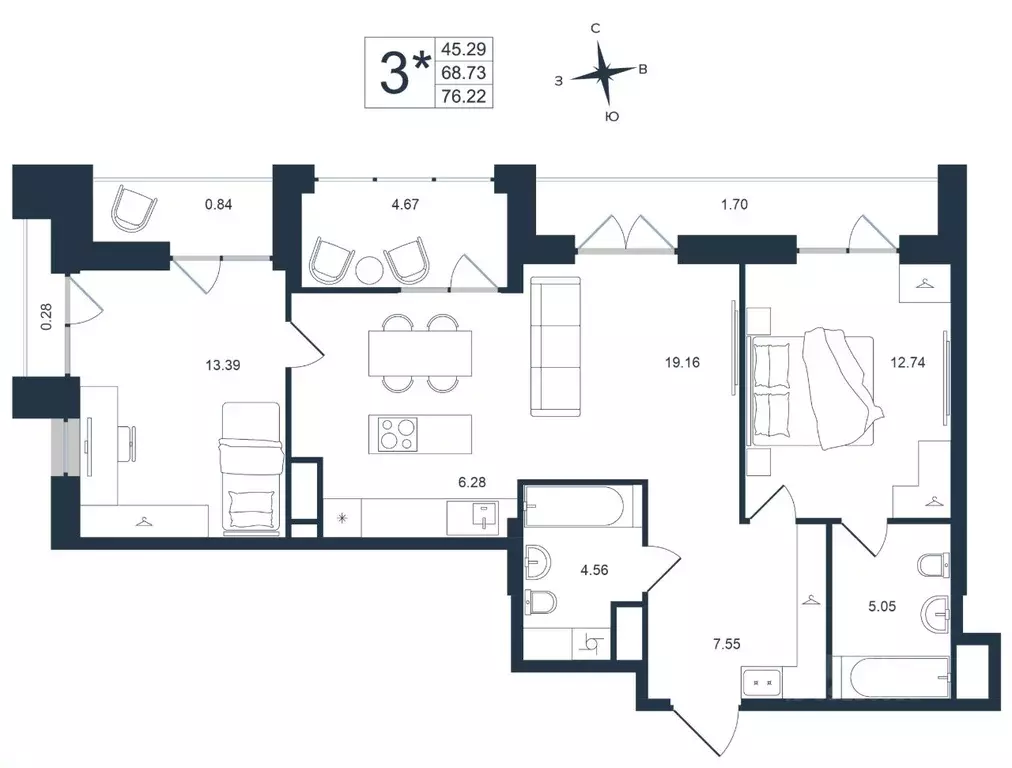 3-к кв. Приморский край, Владивосток Архитектор жилой комплекс (76.22 ... - Фото 1
