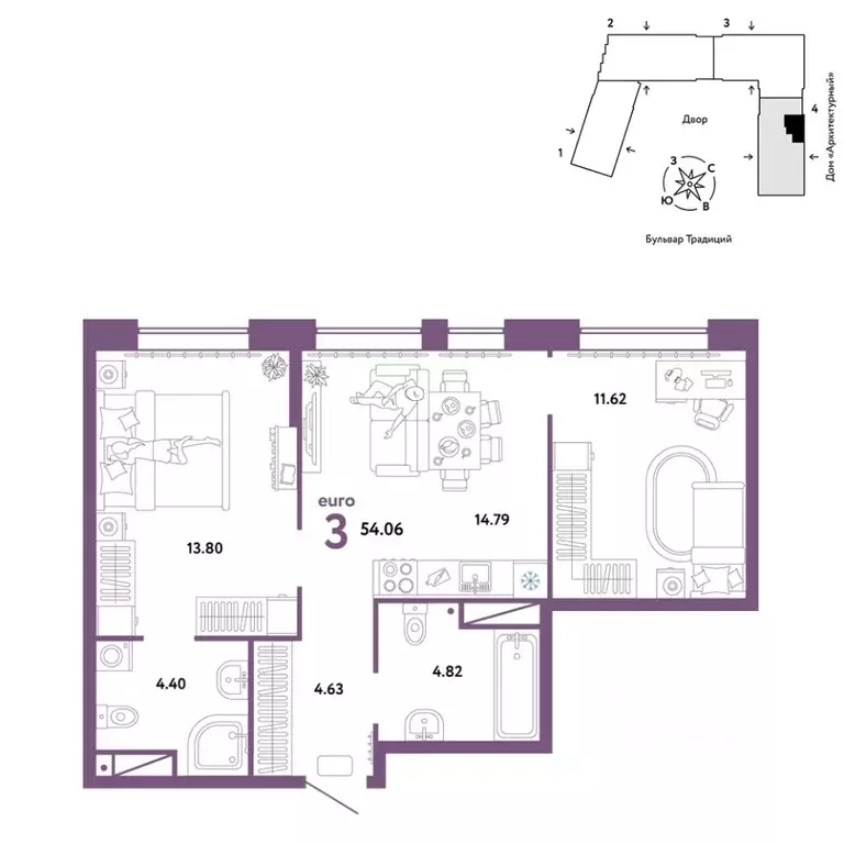 3-к кв. Тюменская область, Тюмень ул. Новоселов, 98 (54.06 м) - Фото 0