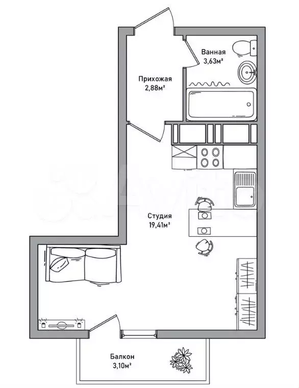 Квартира-студия, 27 м, 14/18 эт. - Фото 1