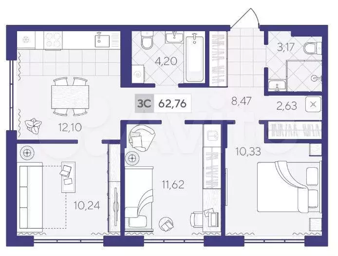3-к. квартира, 62,8 м, 3/4 эт. - Фото 1