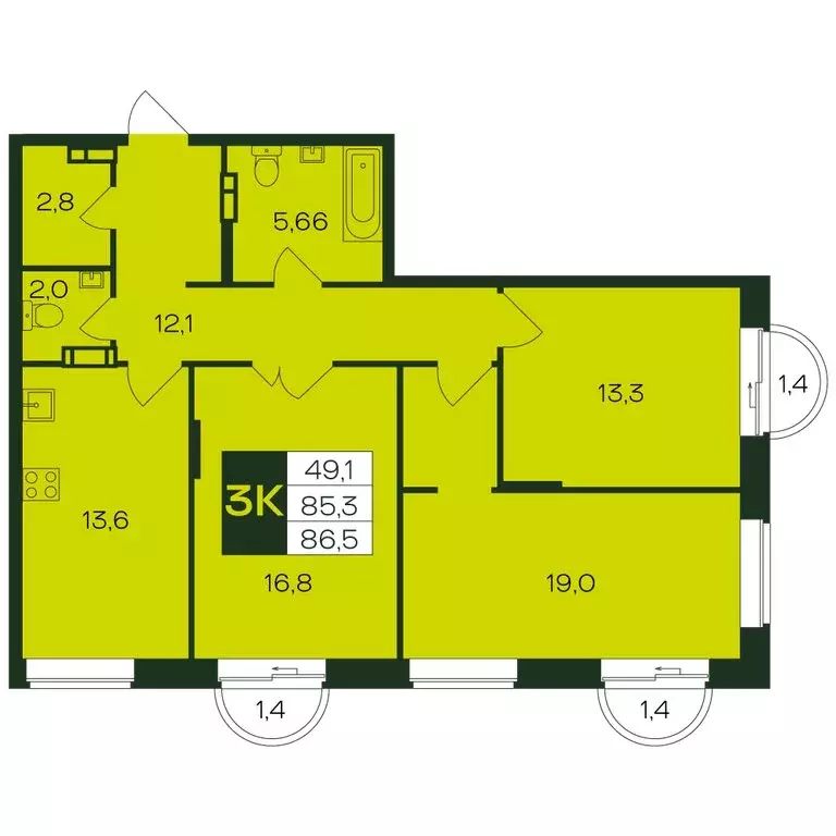 3-комнатная квартира: Чебоксары, Чебоксарский проспект, поз5.22 (89.2 ... - Фото 1