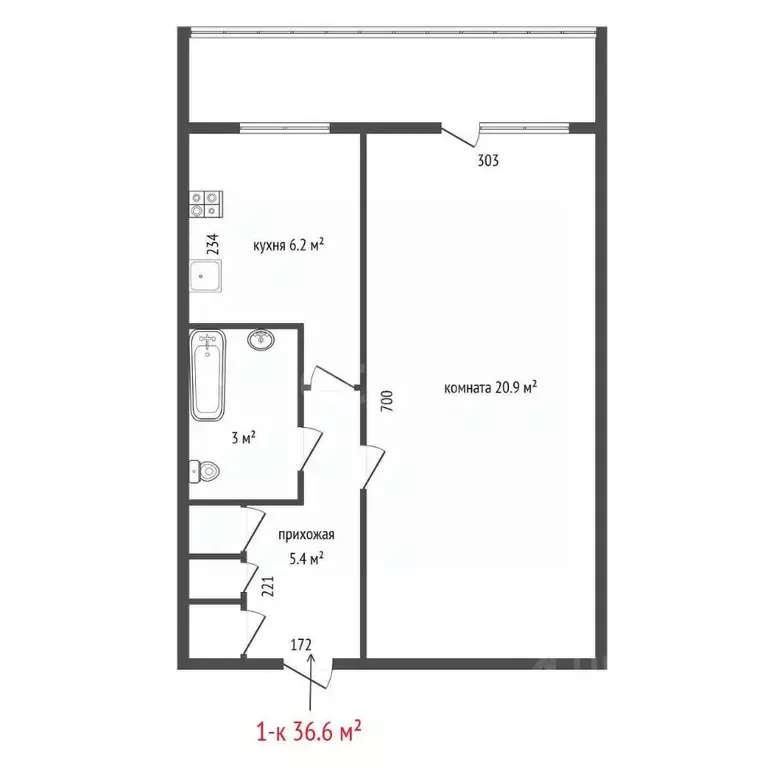 1-к кв. Свердловская область, Екатеринбург ул. Комсомольская, 2 (36.6 ... - Фото 2