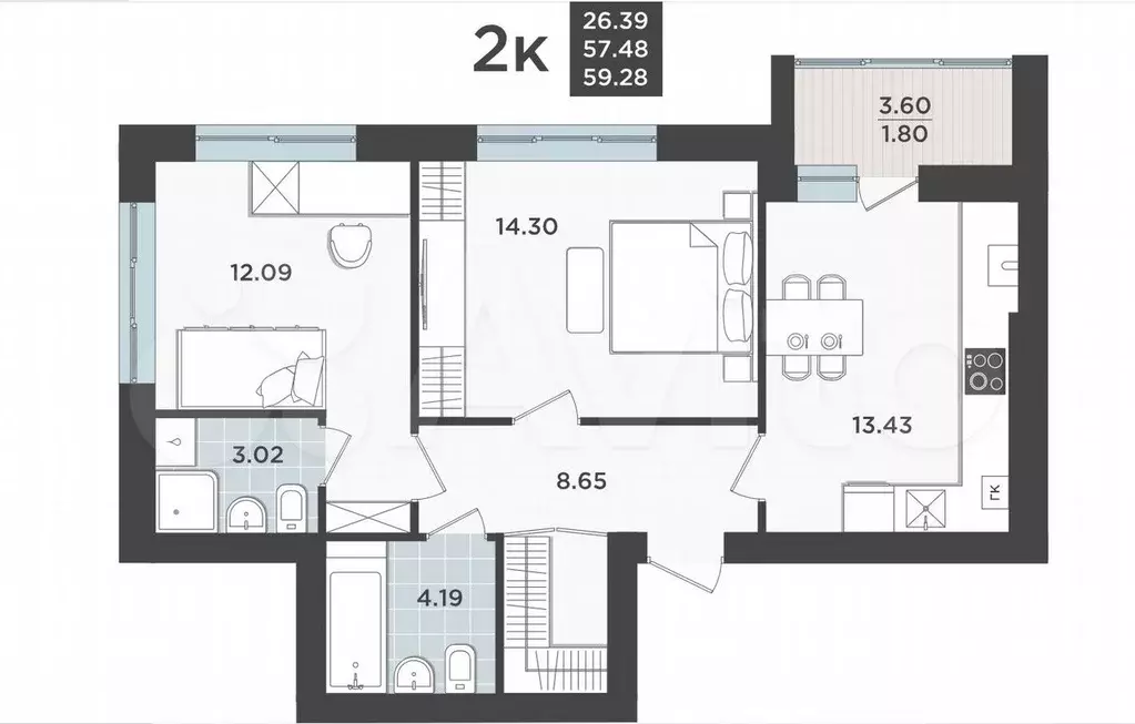 2-к. квартира, 57,5 м, 1/9 эт. - Фото 1