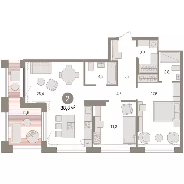 2-комнатная квартира: Тюмень, Краснооктябрьская улица, 4к3 (88.78 м) - Фото 1