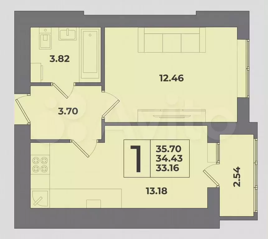 1-к. квартира, 36 м, 8/9 эт. - Фото 1
