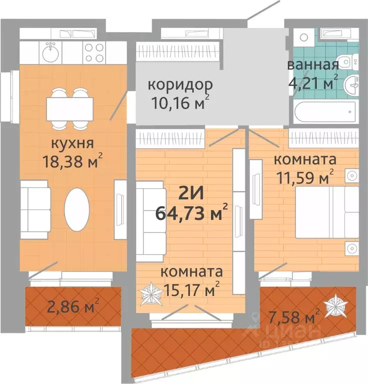 2-к кв. Свердловская область, Екатеринбург ул. Коперника, 33 (64.73 м) - Фото 1