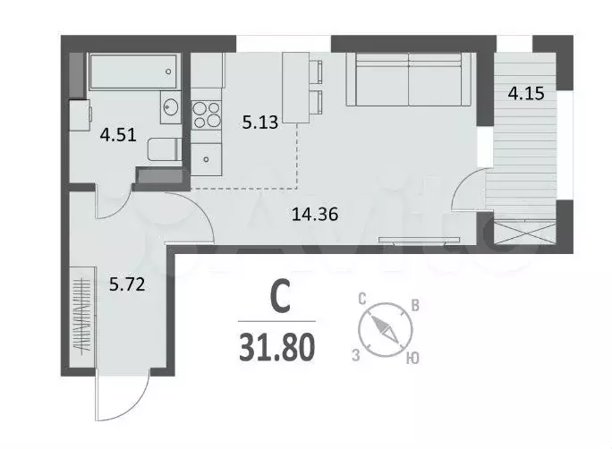 Квартира-студия, 31,8 м, 7/16 эт. - Фото 0