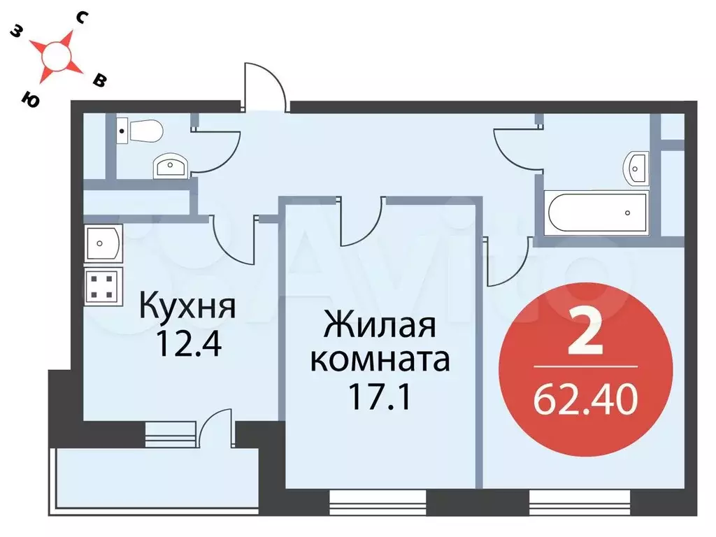 2-к. квартира, 62,4 м, 2/17 эт. - Фото 0