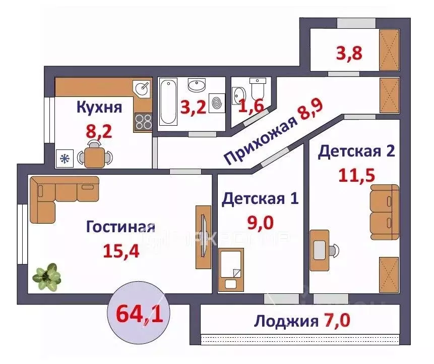 3-к кв. Кировская область, Киров ул. Лепсе, 77к1 (64.1 м) - Фото 2