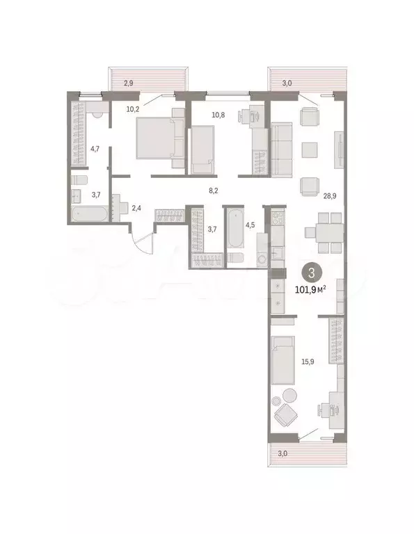 3-к. квартира, 101,9 м, 3/15 эт. - Фото 0