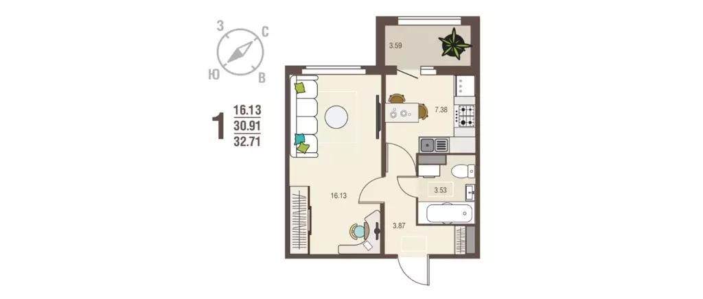 Продаётся 1-к квартира, 32.71 м - Фото 0