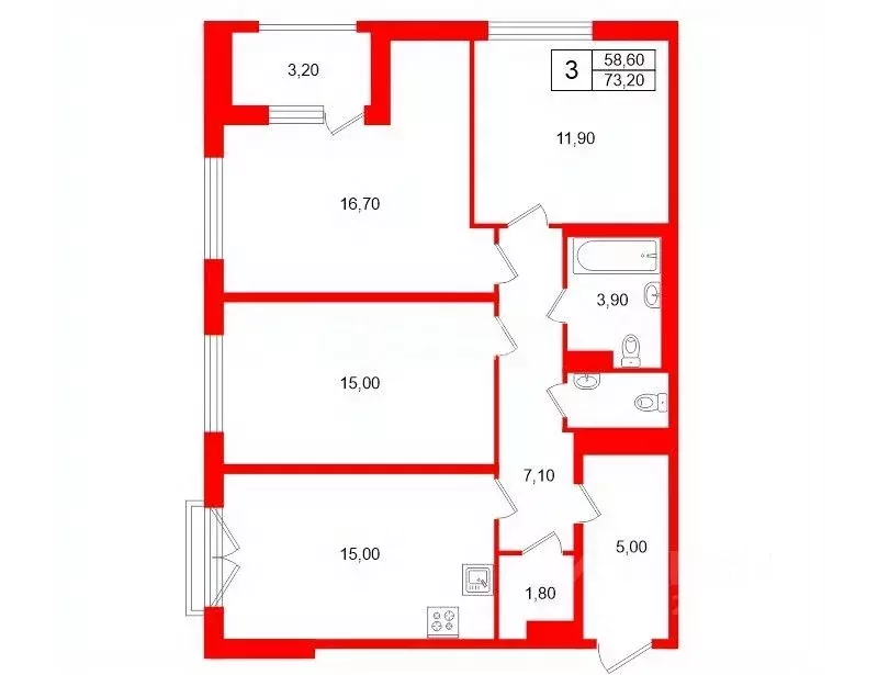 3-к кв. Санкт-Петербург, Санкт-Петербург, Пушкин ул. Пущинская, 2 ... - Фото 2