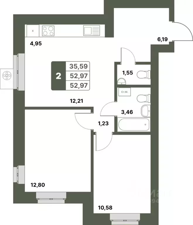 2-к кв. Башкортостан, Уфимский район, с. Миловка  (52.97 м) - Фото 1