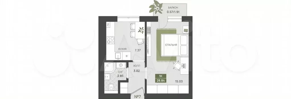 1-к. квартира, 28,8 м, 2/5 эт. - Фото 1