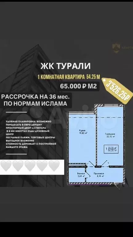 1-к. квартира, 54,3 м, 3/16 эт. - Фото 0