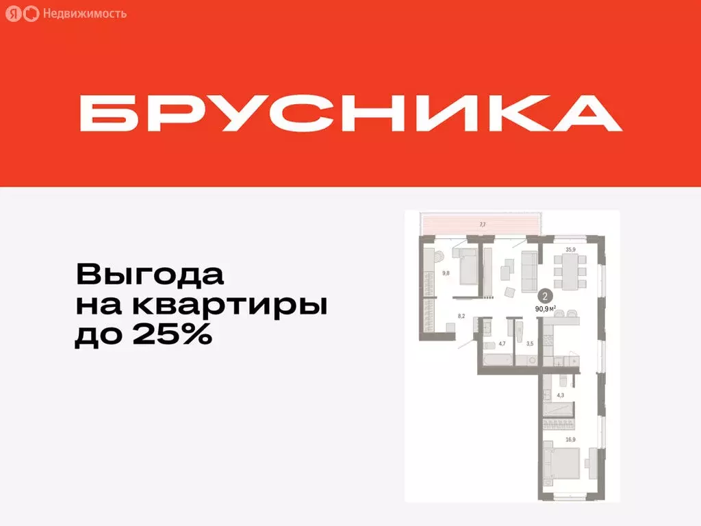 2-комнатная квартира: Тюмень, жилой комплекс На Минской (90.9 м) - Фото 0