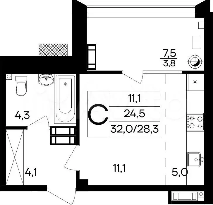 Квартира-студия, 32 м, 1/8 эт. - Фото 0