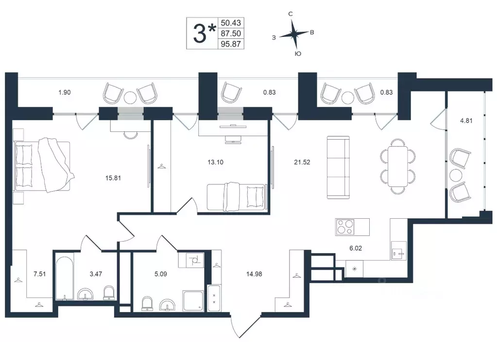 3-к кв. Приморский край, Владивосток Архитектор жилой комплекс (95.87 ... - Фото 1