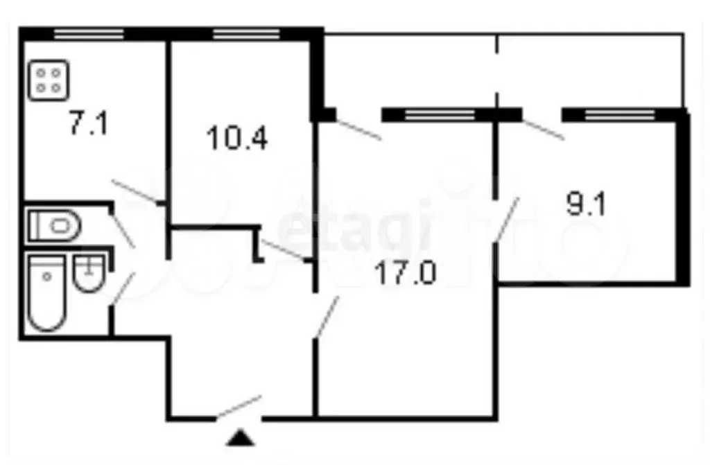 3-к. квартира, 58,6 м, 1/2 эт. - Фото 0