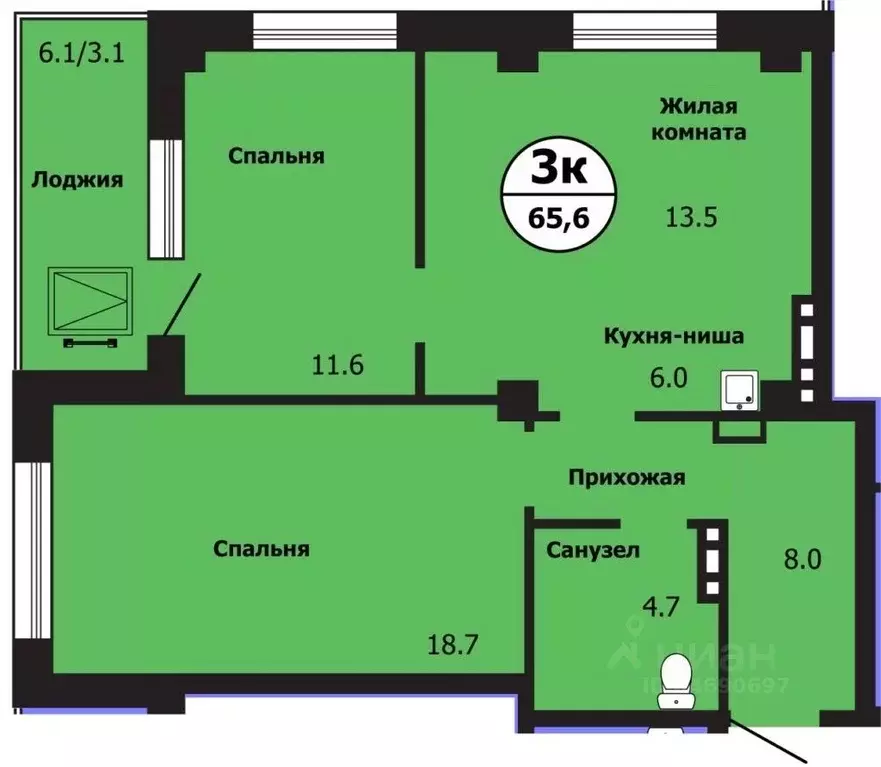 3-к кв. Красноярский край, Красноярск ул. Лесников, 43Б (64.8 м) - Фото 0