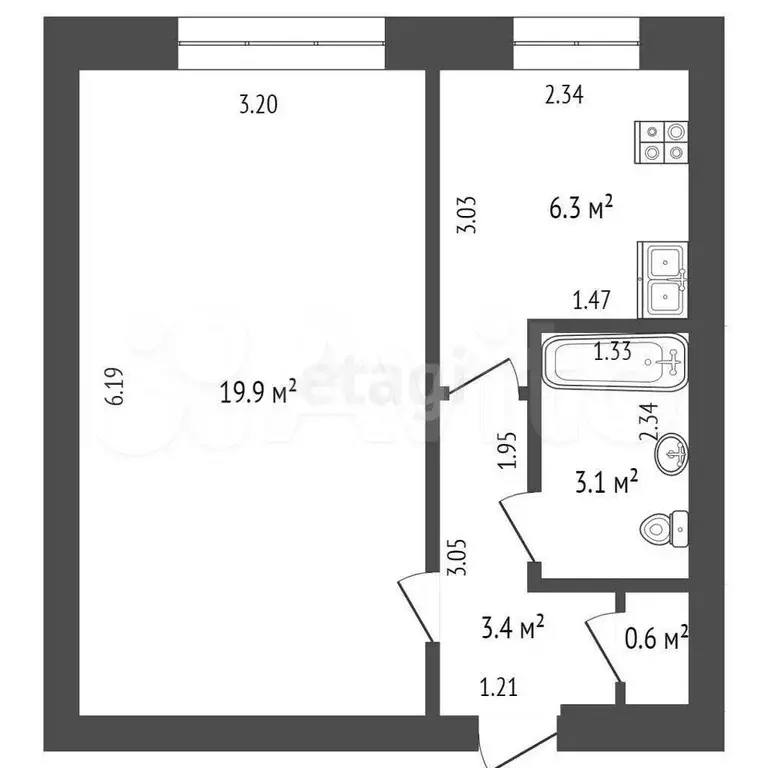 1-к. квартира, 33,3 м, 2/9 эт. - Фото 1