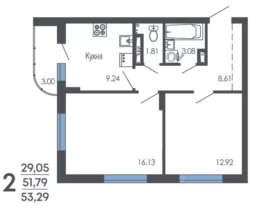 2-к кв. Воронежская область, Воронеж Оникс жилой комплекс (53.29 м) - Фото 1