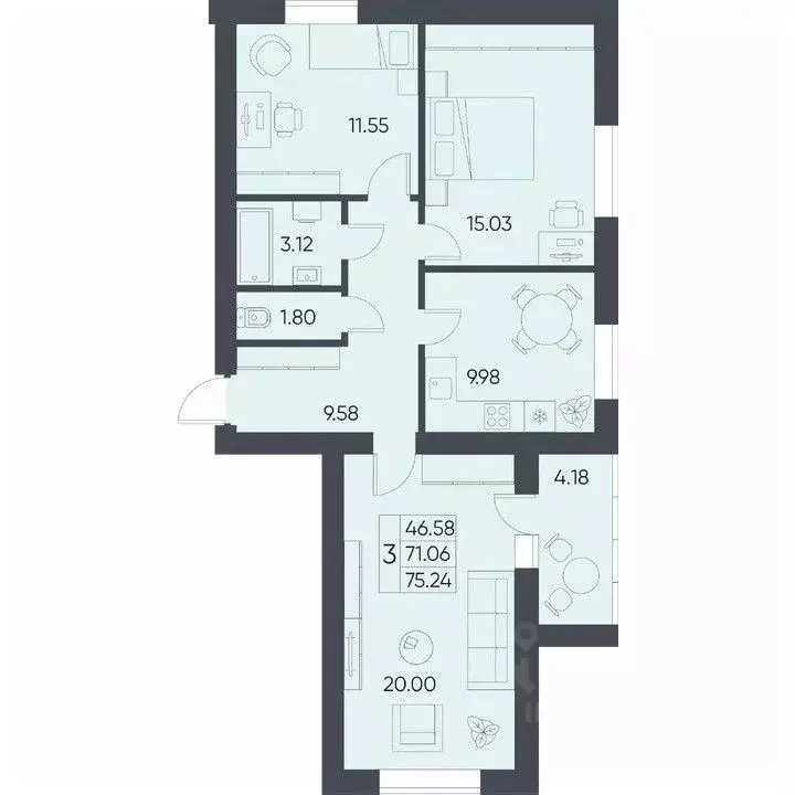 3-к кв. Саратовская область, Татищево рп ул. Михайловская, 13 (75.24 ... - Фото 2