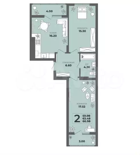 2-к. квартира, 67 м, 5/8 эт. - Фото 1