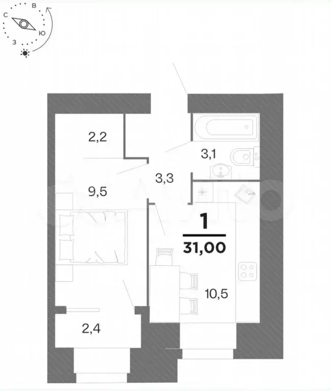 1-к. квартира, 31 м, 12/15 эт. - Фото 1