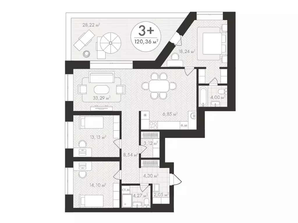 3-комнатная квартира: Уфа, микрорайон Южный-2 (120.36 м) - Фото 1