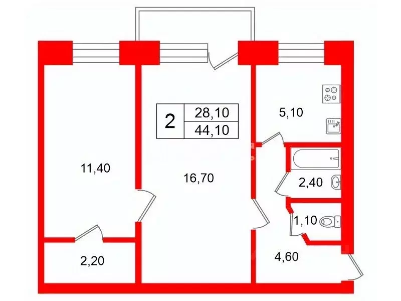 2-к кв. Санкт-Петербург Гражданский просп., 31К2 (44.1 м) - Фото 1