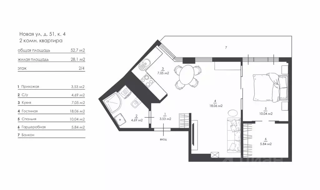 2-к кв. Санкт-Петербург ул. Новая, 51к4 (52.7 м) - Фото 2