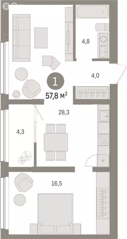 1-комнатная квартира: Тюмень, Мысовская улица, 26к1 (57.79 м) - Фото 1